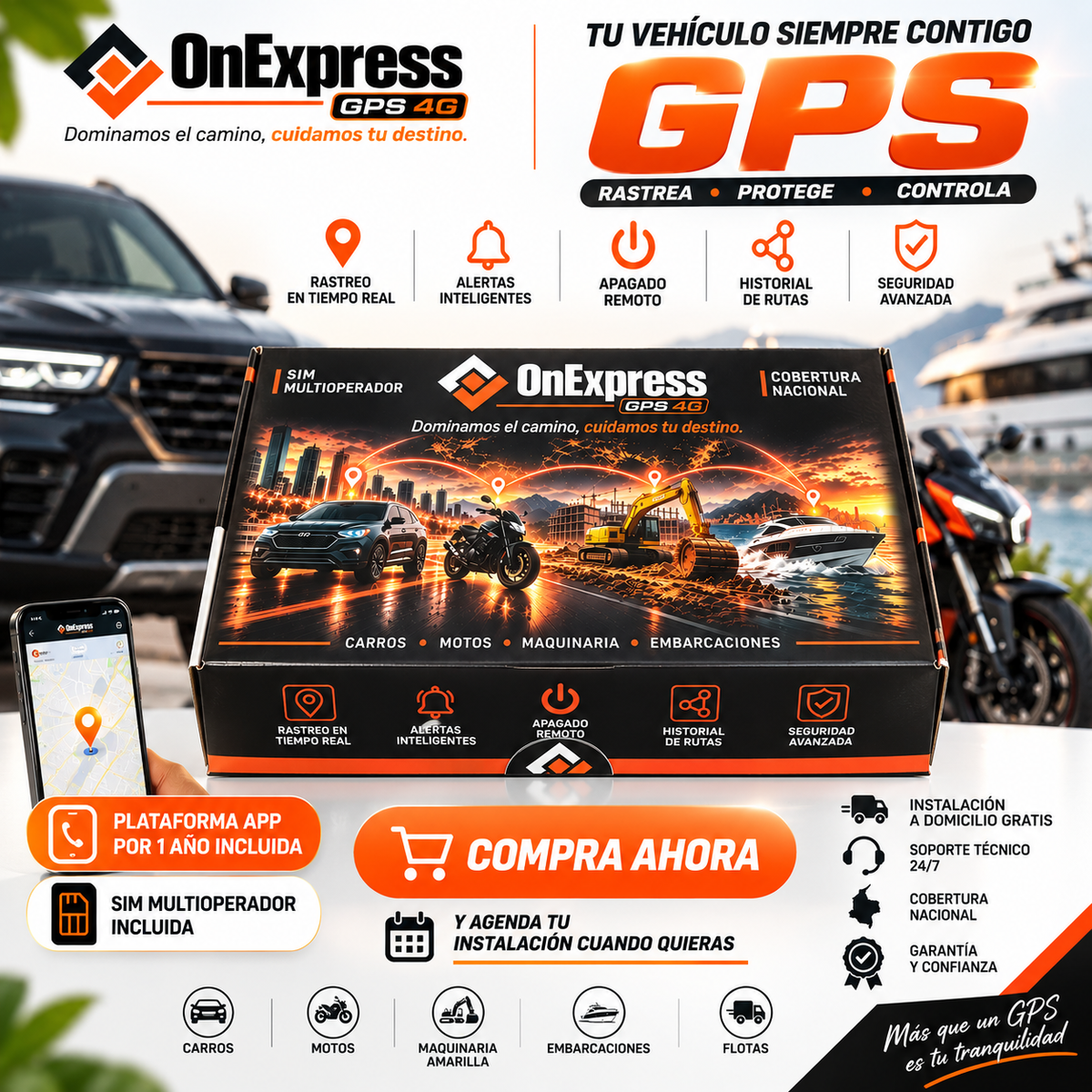 GPS 4G OnExpress para Carros y Motos – Plataforma + SIM por 1 Año